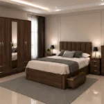 Modern Complete Bedroom Set – Double Bed with 5 Door Wardrobe, Full Length Mirror, Four Bottom Drawers, Five Drawer Chest & Two Bed Side Tables