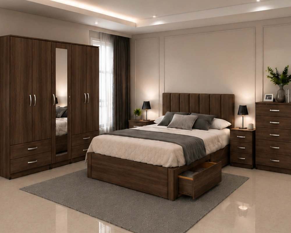 Complete Stylish Bedroom Furniture Package – King Bed, Wardrobe, Bedside Tables & Dressing Unit Modern Complete Bedroom Set – Double Bed with 5 Door Wardrobe, Full Length Mirror, Four Bottom Drawers, Five Drawer Chest & Two Bed Side Tables - Image 1