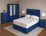 Complete Blue Double Bed Set - three Door Wardrobe With Four Drawer - Chest of Five Drawers With Two Bed Side Table