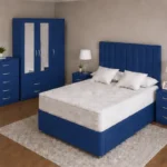 Complete Blue Double Bed Set - three Door Wardrobe With Four Drawer - Chest of Five Drawers With Two Bed Side Table
