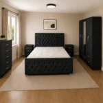 Complete Double Bed Furniture Package - Five Door Wardrobe With One Mirror And Four Bottom Drawers - Chest of Five Drawers With Two Bed Side Tables