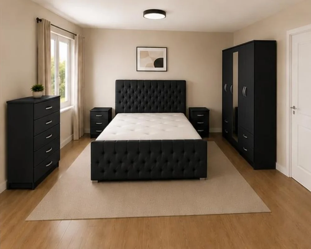 Contemporary Bedroom Furniture – Elegant Bed & Storage Solutions Complete Double Bed Furniture Package - Five Door Wardrobe With One Mirror And Four Bottom Drawers - Chest of Five Drawers With Two Bed Side Tables - Image 1