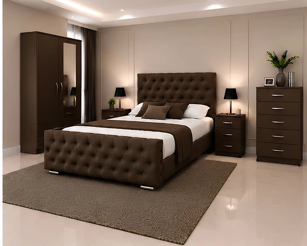 Contemporary Bedroom Suite with 2 Door Wardrobe 2 Bedside Tables Chest (4) Complete Bedroom Storage Solution - Double Bed - 2 Door Mirror Wardrobe - Five Drawer Chest - Two Bedside Tables - Image 1