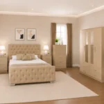 Elegant Double Bed Set With Four Door Wardrobe With Two Mirrors - Chest of Five Drawers With Two Bed Side Table