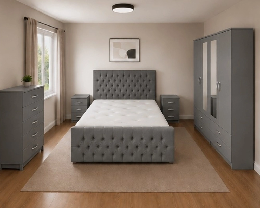Contemporary Complete Bedroom Set – King Size Bed, Storage Wardrobe, Bedside Cabinets & Dressing Unit Double Bed Furniture Set - Four Door Wardrobe With Two Mirrors And Four Bottom Drawers - Chest of Five Drawers With Two Bed Side Tables - Image 1