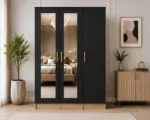 Modern Black & Oak 3 Door Mirrored Wardrobe – Stylish Bedroom Storage Cabinet