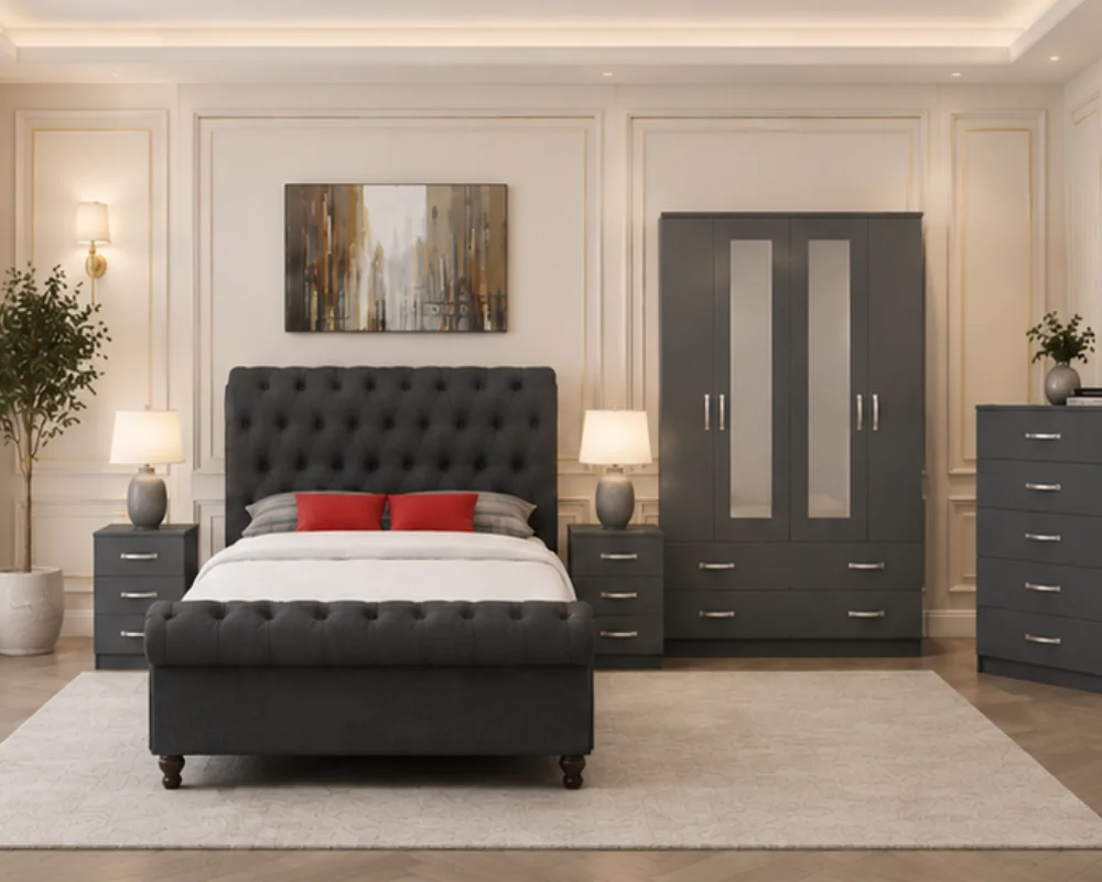 Elegant Bedroom Furniture Collection with Tufted Bed Luxury grey Velvet Complete Bedroom Furniture Set – four Door Wardrobe With Four Drawer - Chest of Five Drawers With Two Bed Side Table - Image 1
