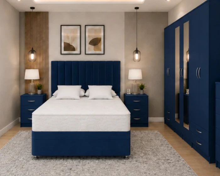 Complete King Size Bedroom Set – Six Door Mirrored Wardrobe with Four Drawers – Chest of Five Drawers – Two Bedside Tables