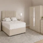 Contemporary Bedroom Furniture – Double Bed, 5 Door Mirrored Wardrobe with Four Bottom Drawers, Five Drawer Chest & Two Matching Bed Side Tables