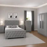 Modern Home Bedroom Set with Double Bed, With Four Door Wardrobe With Two Mirrors - Chest of Five Drawers With Two Bed Side Table