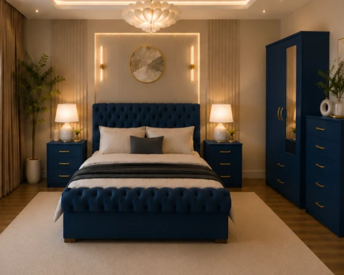 King Size Bed Furniture Set - Two Door Mirror Wardrobe With Bottom Drawer - Chest of Five Drawers - Two Bedside Tables