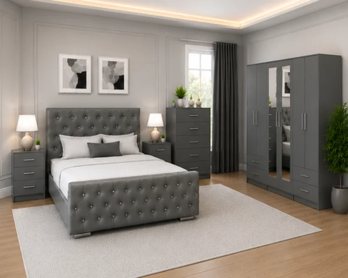 Contemporary King Size Bed Set - Six Door Wardrobe With Four Drawer - Chest of Five Drawers With Two Bed Side Table