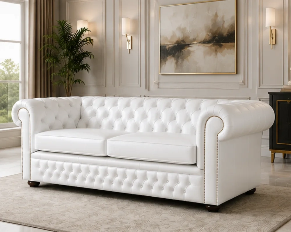 Elegant Cream Chesterfield Upholstered Loveseat with Rolled Arms Chesterfield 3 Seater Sofa - Image 1