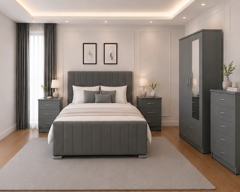 Elegant Grey Bedroom Furniture Set – Stylish Fabric Bed with Wardrobe, Storage Chest & Matching Bedside Tables Deluxe King Size Bed Bedroom Suite - Two Door Wardrobe With One Mirror - Chest of Five Drawers With Two Bed Side Table - Image 1