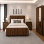 Modern Double Bed Room Set - Two Door Mirror Wardrobe With Bottom Drawer - Chest of Five Drawers - Matching Bedside Tables