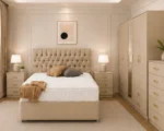 Modern Luxury Bedroom Set – Double Bed, Five Door Wardrobe with Mirror, Four Bottom Drawers & Five Drawer Chest