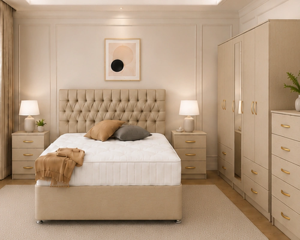 Elegant Modern Bedroom Set Door Wardrobe Chest of Drawers Bedside Tables Modern Luxury Bedroom Set – Double Bed, Five Door Wardrobe with Mirror, Four Bottom Drawers & Five Drawer Chest - Image 1