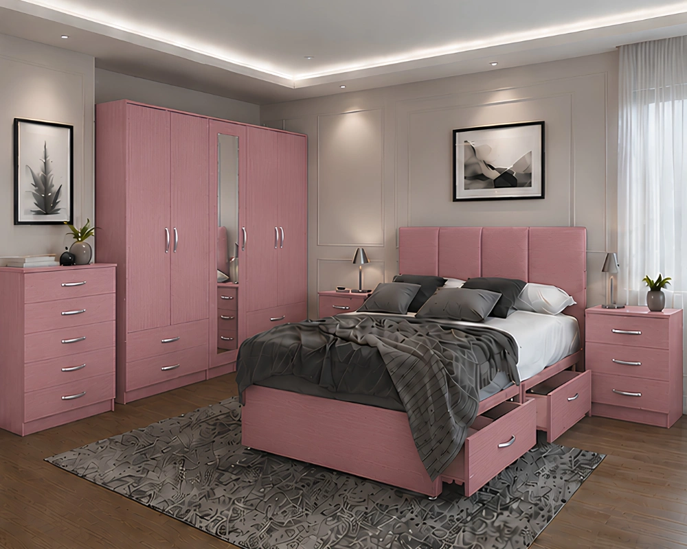Elegant Modern Bedroom Set – Complete King Size Bed, Mirrored Wardrobe & Matching Furniture Complete Double Bed Furniture Set – Five Door Wardrobe Featuring Full Length Mirror & Four Drawers – Chest of Five Drawers with 2 Bed Side Tables - Image 1