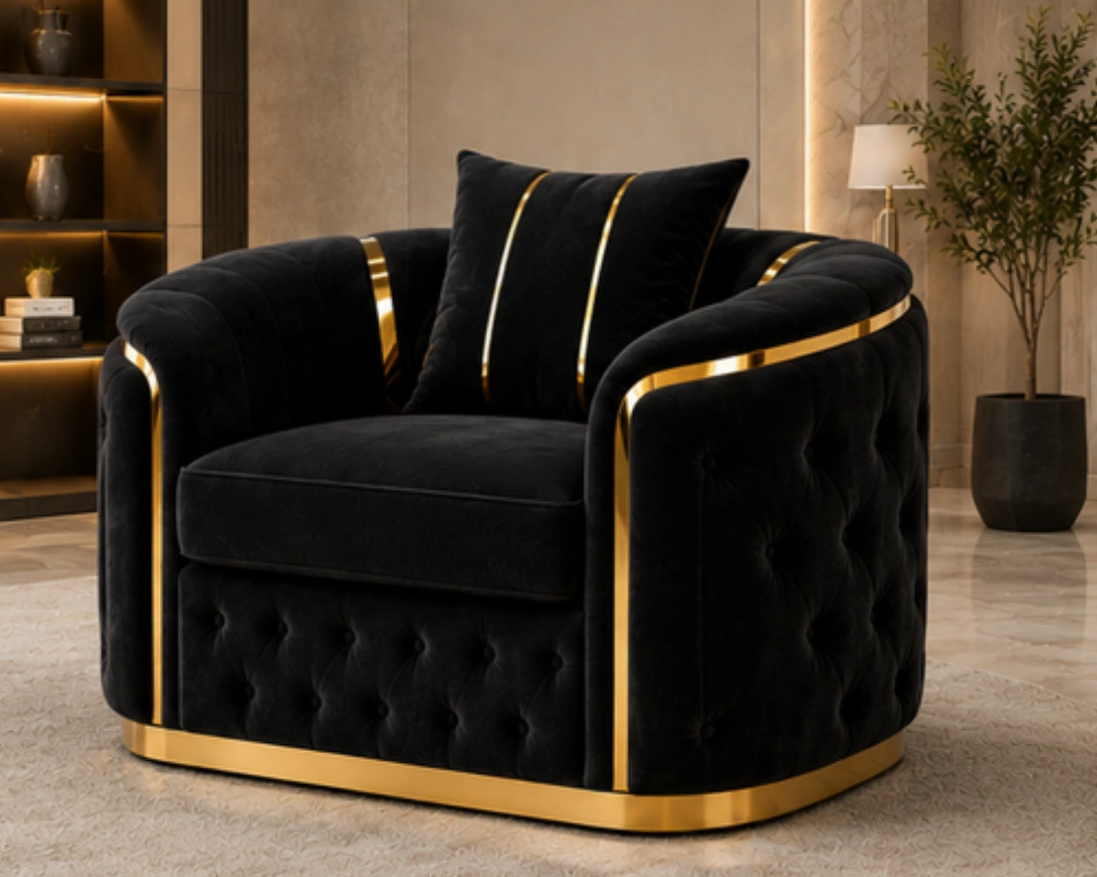 Elegant Velvet Black 1 Seater Sofa Madrid Madrid Black Velvet Armchair – Luxury Chesterfield Accent Chair with Gold Accents | UK - Image 1