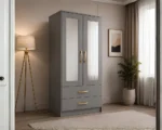Space Saving 2 Door Wardrobe with Mirror Doors with grey colors - Contemporary Two Door Storage Wardrobe - Image 2