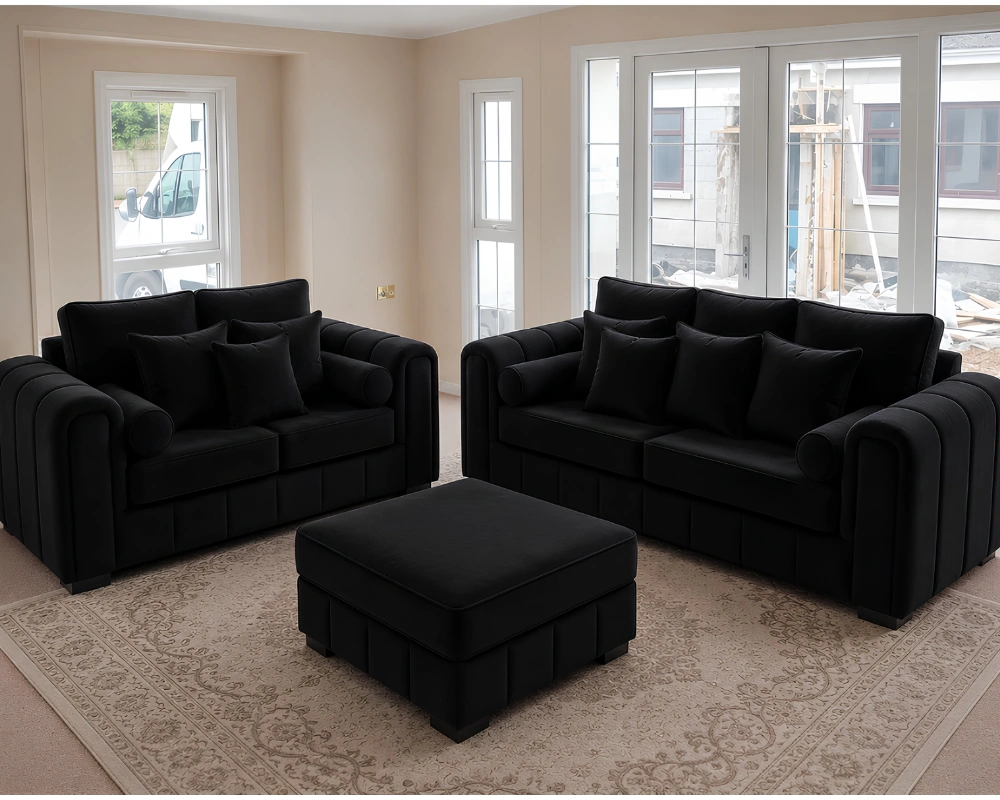 Lilly Classic 3+2 Sofa Set – Elegant Home Furniture Luxury Black Velvet Sofa Set 3+2 Seater – Premium Modern Living Room Furniture - Image 1