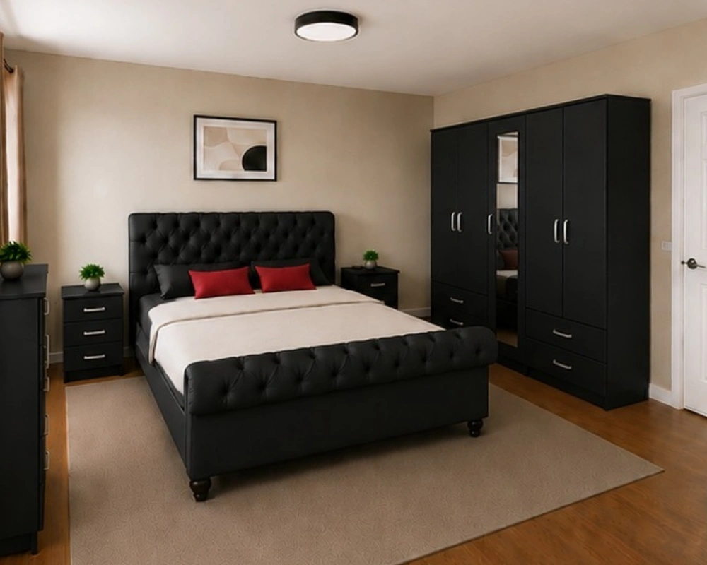Luxury Bedroom Set – Elegant Bed, Wardrobe & Bedside Tables Luxury Sleigh Double Bed Furniture Set - Six Door Wardrobe With Four Drawer - Chest of Five Drawers With Two Bed Side Table - Image 1