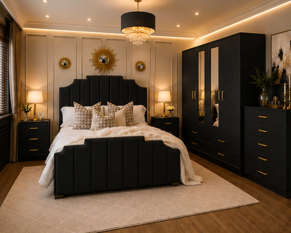 Luxury Black Bedroom Furniture Set Stylish Bedroom Furniture Set – King Size Bed, Four Door Wardrobe with Three Half Mirrors, Chest of Five Drawers & Two Bed Side Tables - Image 1