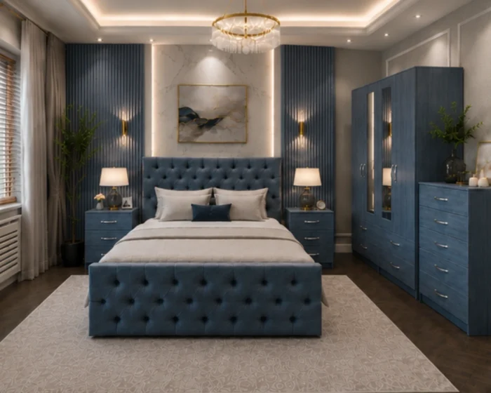 Elegant King Size Bedroom Suite – Four Door Wardrobe Featuring Two Half Mirrors, Four Bottom Drawers & Two Bed Side Tables