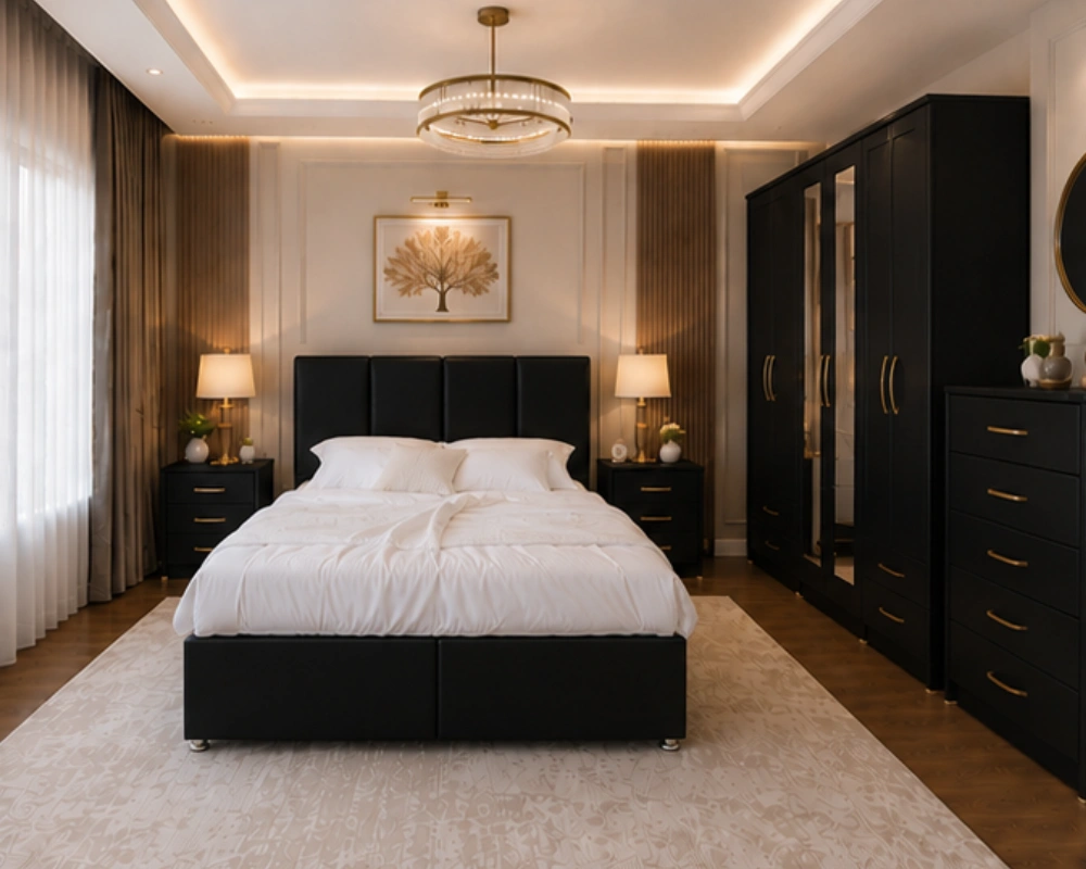 Luxury Complete Bedroom Furniture Set with Upholstered Bed Mirrored Wardrobe Chest of Drawers and Bedside Tables Modern King Size Bed Furniture Set – 6 Door Mirrored Wardrobe – 5 Drawer Chest – Pair of Bedside Cabinets - Image 1