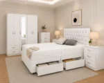 Modern Bedroom Collection – Double Bed, Five Door Wardrobe, Full Length Mirror, Four Bottom Drawers & Matching Bed Side Tables - Image 2