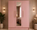 3 Door Pink Wardrobe with Mirror and Hanging Rail - Premium 3 Door Wardrobe with 1 Mirror
