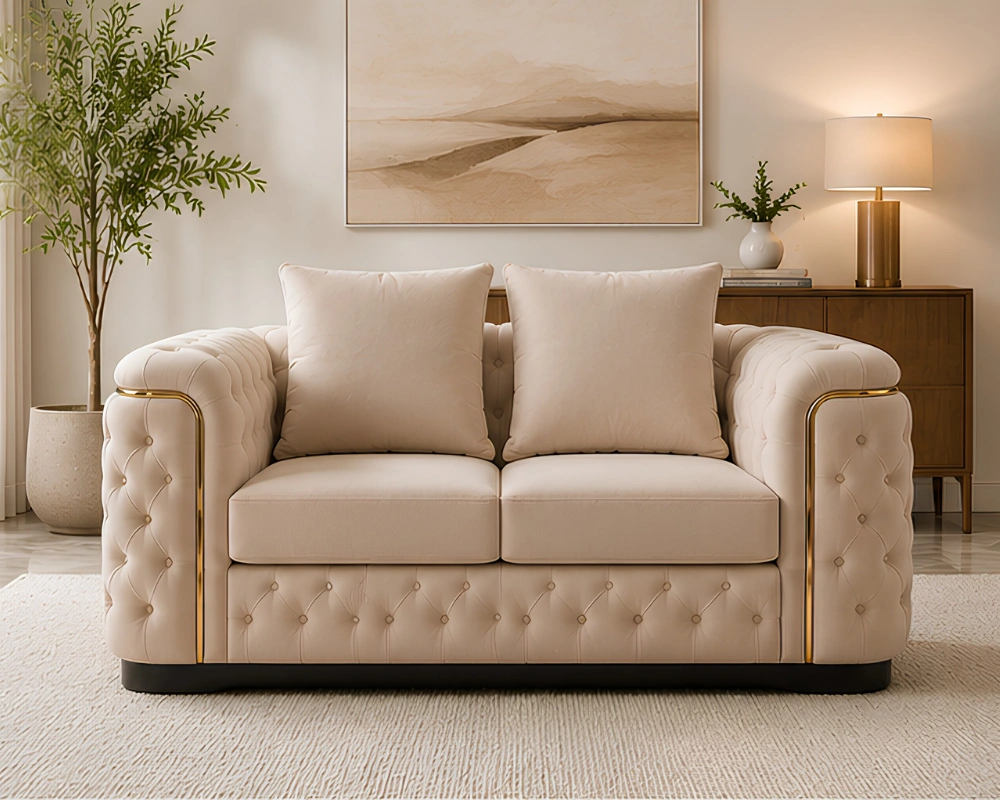 Madrid 2 seater Madrid Beige 2 Seater Sofa – Luxury Chesterfield Fabric Sofa with Gold Accents | UK - Image 1