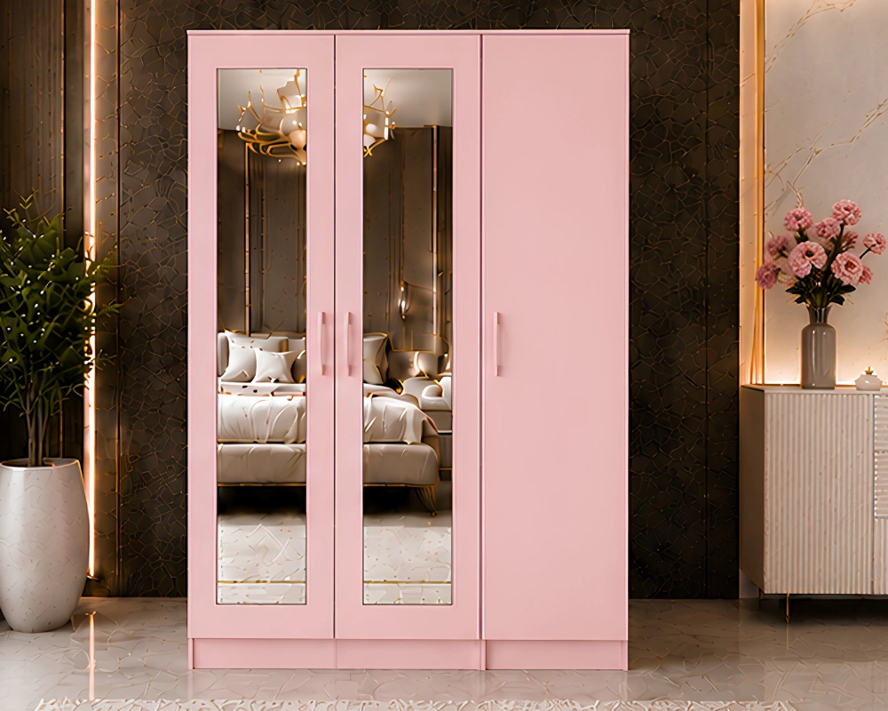 Modern 3 Door Wardrobe with 2 Full Mirror Doors – Soft Pink Modern Pink 3 Door Wardrobe with Full-Length Mirrors – Stylish Bedroom Furniture - Image 1