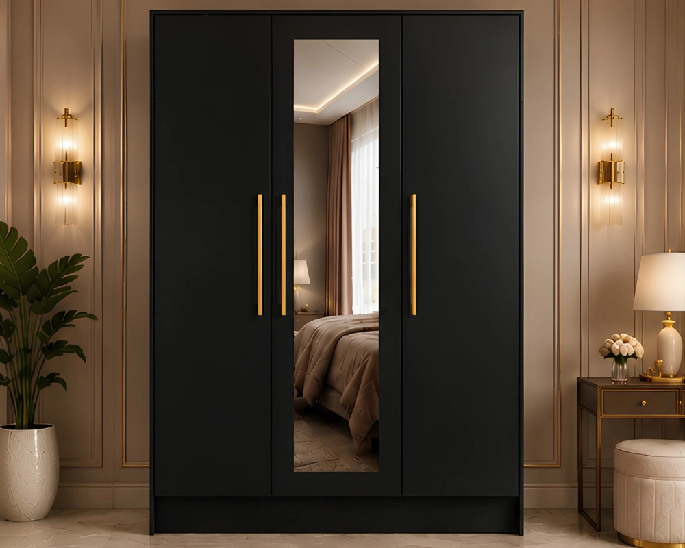 Modern 3 Door Wardrobe with Full Length Centre Mirror – Black Bedroom Closet Large Capacity 3 Door Wardrobe - Modern 3 Door Wardrobe with Full-Length Mirror - Image 1