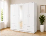Modern 5 Door Storage Cabinet | Full Mirror Wardrobe with 4 Drawers - Image 3