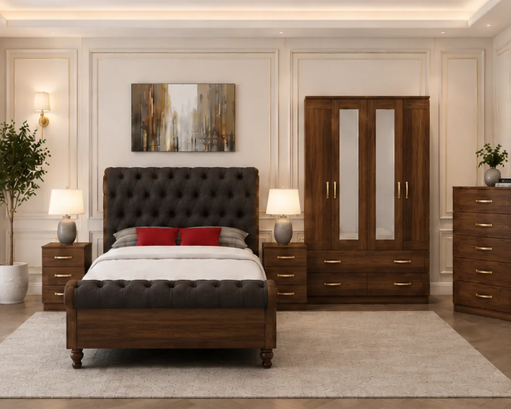 Modern Bedroom Collection with Tufted Headboard Classic Double Bed Furniture Set - four Door Wardrobe With Four Drawer - Chest of Five Drawers With Two Bed Side Table - Image 1