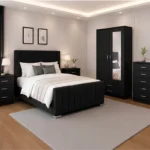 Premium Double Bed Collection - 2 Door Mirror Wardrobe With Bottom Drawer - Five Drawer Chest - Two Bedside Tables