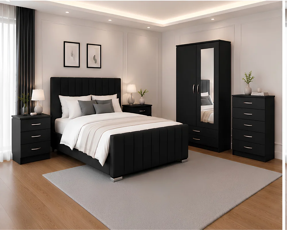 Modern Bedroom Furniture Collection with 2 Door Wardrobe and Chest (2) Premium Double Bed Collection - 2 Door Mirror Wardrobe With Bottom Drawer - Five Drawer Chest - Two Bedside Tables - Image 1