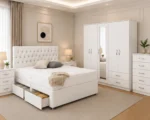 Modern Bedroom Collection – Double Bed, Five Door Wardrobe, Full Length Mirror, Four Bottom Drawers & Matching Bed Side Tables - Image 3