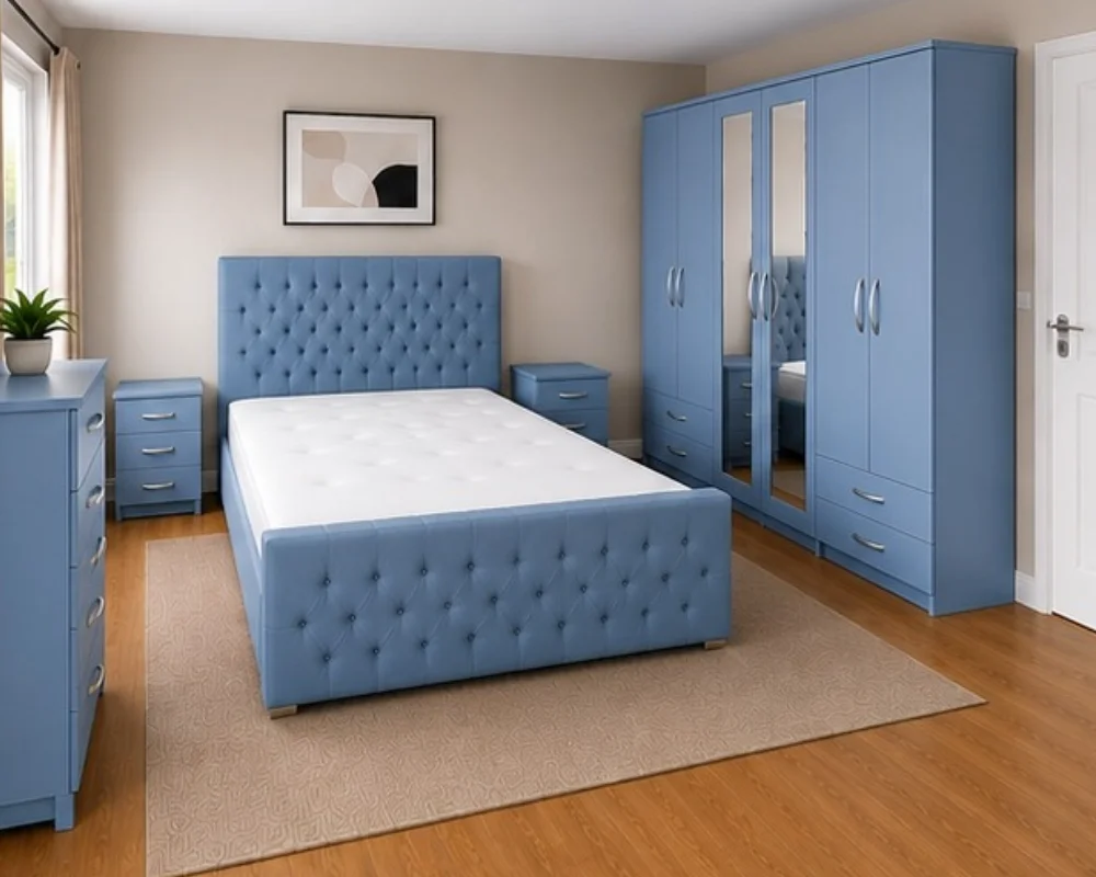 Modern Bedroom Furniture – Luxury Style & Contemporary Comfort Premium Wooden Double Bed Set - Six Door Wardrobe With Four Drawer - Chest of Five Drawers With Two Bed Side Table - Image 1