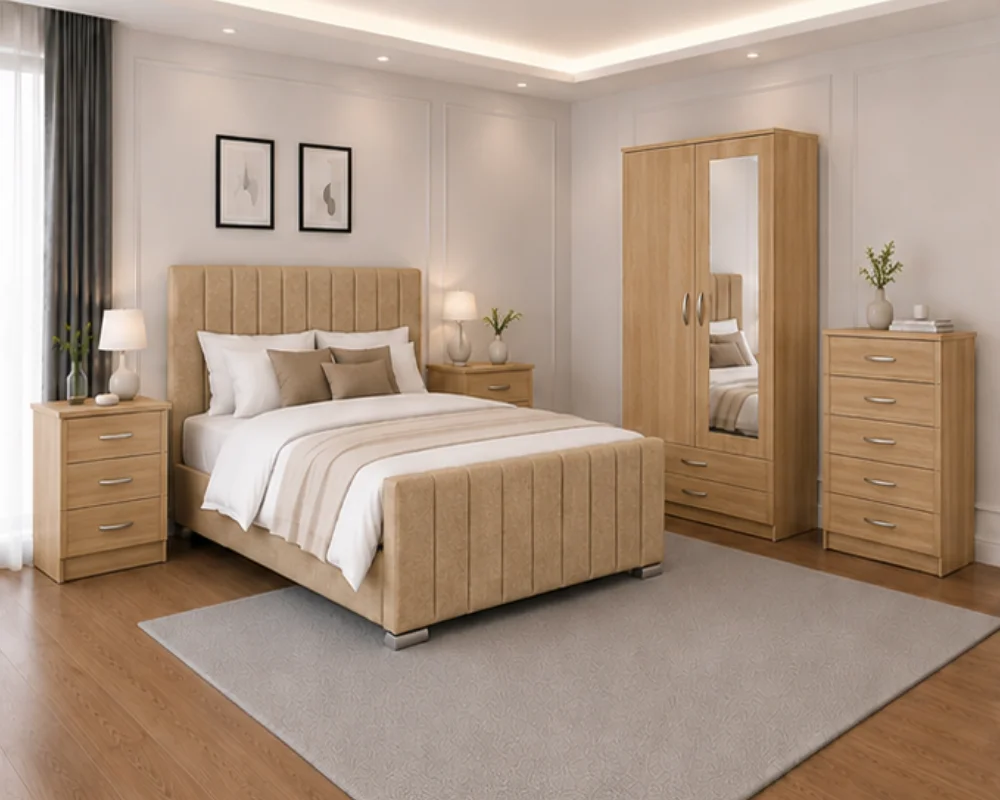 Modern Bedroom Furniture – Luxury Style & Contemporary Comfort Premium Bedroom Furniture Suite - Double Bed - 2 Door Mirror Wardrobe With Bottom Drawer - Five Drawer Chest - Two Bedside Tables - Image 1
