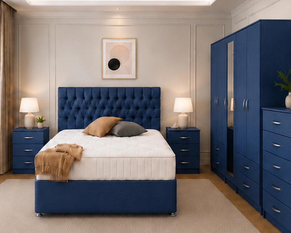 Modern Bedroom Storage Set Door Wardrobe 2 Bedside Tables Chest of Drawers Premium Bedroom Collection – Double Bed, 5 Door Wardrobe with Full Length Mirror, Five Drawer Chest & Matching Bed Side Tables - Image 1