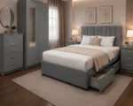 Double Bed Bedroom Collection - Two Door Mirror Wardrobe With Bottom Drawer - Five Drawer Chest - Bedside Table Pair - Image 4