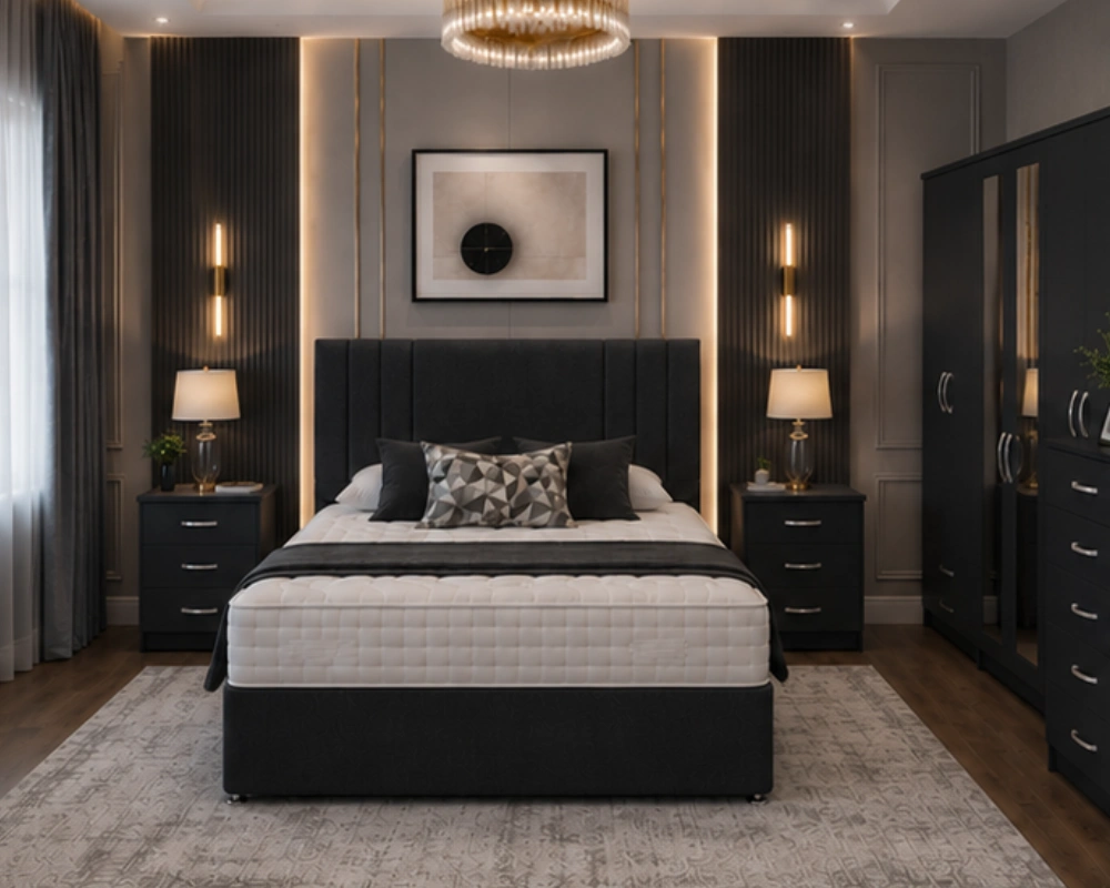 Modern Bedroom Suite with Wardrobe and Drawer Chest Elegant King Size Bed Suite - Six Door Wardrobe With Drawers - Five Drawer Chest - Two Bedside Tables - Image 1
