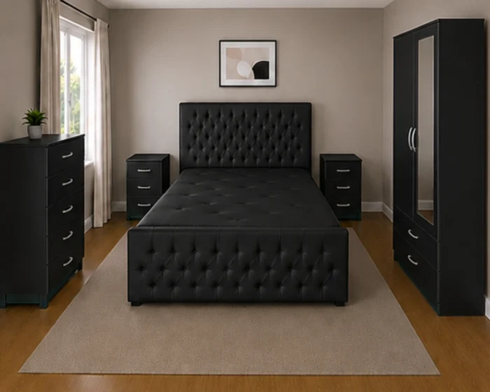 Complete Bedroom Collection With King Size Bed - Two Door Wardrobe With One Mirror - Chest of Five Drawers With Two Bed Side Table