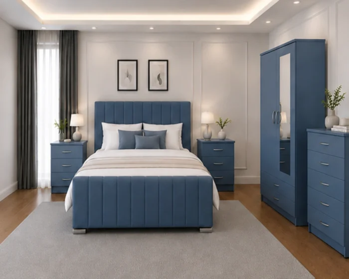 King Size Designer Bedroom Furniture Set - Two Door Wardrobe With One Mirror - Chest of Five Drawers With Two Bed Side Table