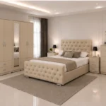 Premium Double Bed Furniture Set With Five Door Wardrobe With One Long Mirror - Chest of Five Drawers With Two Bed Side Table