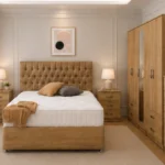 Modern Complete Bedroom Set – Double Bed with 5 Door Wardrobe, Full Length Mirror, Four Bottom Drawers, Five Drawer Chest & Two Bed Side Tables