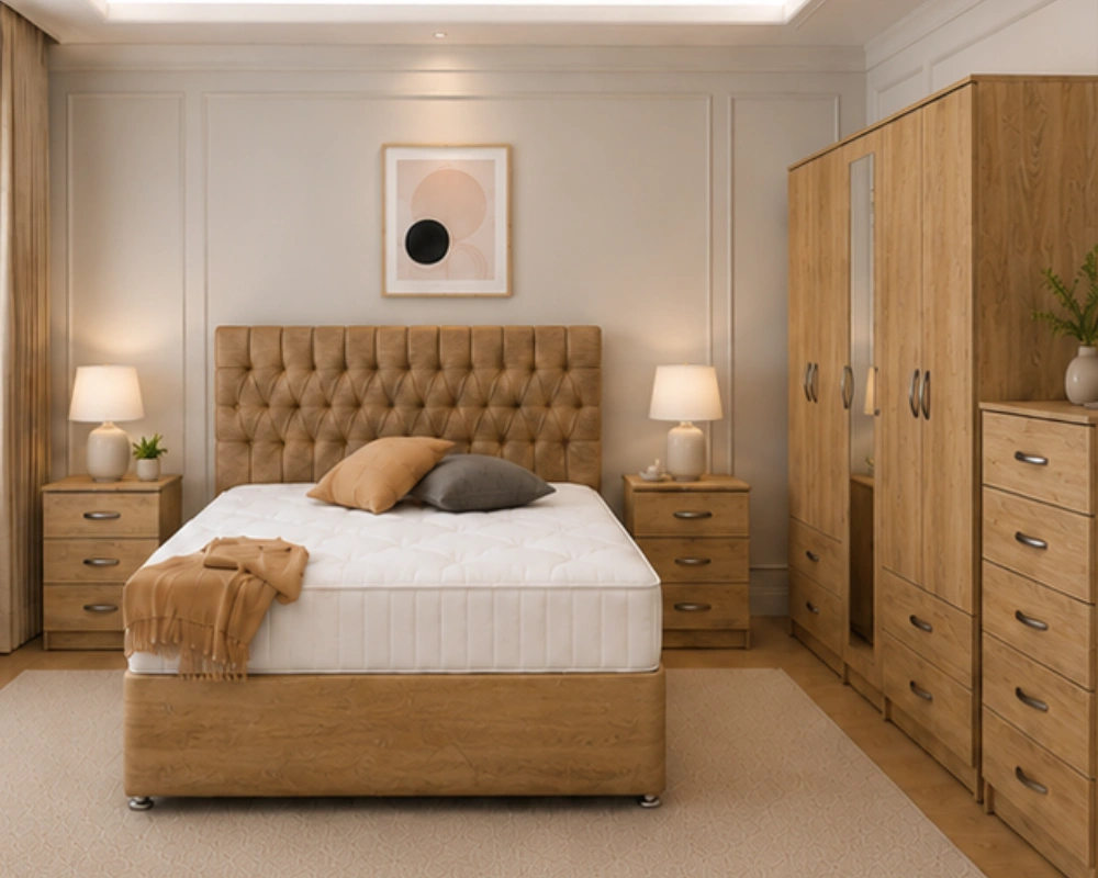 Modern Complete Bedroom Furniture Suite – King Bed, Mirrored Wardrobe, Bedside Tables & Dressing Table Modern Complete Bedroom Set – Double Bed with 5 Door Wardrobe, Full Length Mirror, Four Bottom Drawers, Five Drawer Chest & Two Bed Side Tables - Image 1