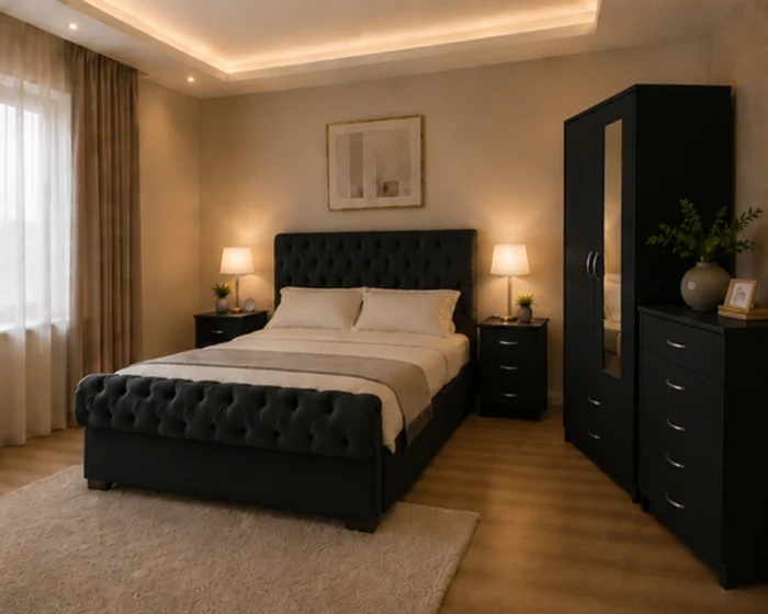 Family Bedroom Furniture Set - King Size Bed - Two Door Mirror Wardrobe - Chest of Five Drawers - Two Bedside Tables